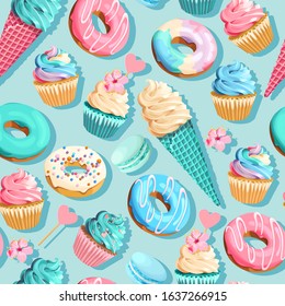 Vector seamless pattern with cupcakes and donuts