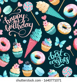 Vector seamless pattern with cupcakes and donuts