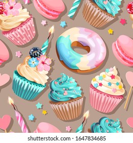 Vector seamless pattern with cupcakes and donuts