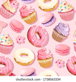 Vector seamless pattern with cupcakes and donuts