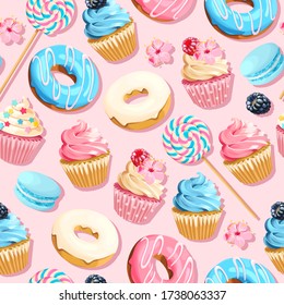 Vector seamless pattern with cupcakes and donuts