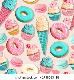 Vector seamless pattern with cupcakes and donuts