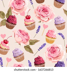 Vector seamless pattern with cupcakes and flowers