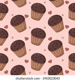 Vector seamless pattern of cupcakes with hearts. Print wallpaper desserts
