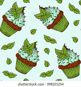 Vector seamless pattern with cupcakes and mint