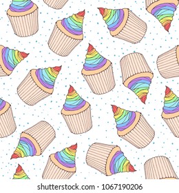 Vector seamless pattern with cupcakes and muffins with rainbow cream topping. Hand drawn sweet bakery on the dotted background. 