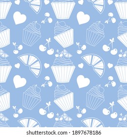 Vector seamless pattern with cupcakes in outline art style for fabrics, paper, textile, gift wrap isolated on blue background. Bakery logo