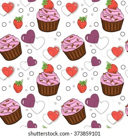 Vector seamless pattern with cupcakes, strawberries, heart. Valentine's day. White background