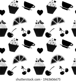 Vector seamless pattern with cupcakes, tea cup, orange, cherry for fabrics, paper, textile, gift wrap isolated on white background 
