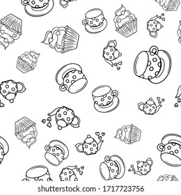 vector seamless pattern with cupcakes, teapot and cup
