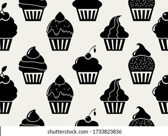 vector seamless pattern with cupcakes. Trendy artistic background with cupcake silhouettes. black and white creative  cute background with cupcakes. ordered cupcakes background