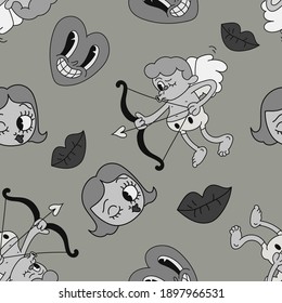 Vector seamless pattern with cupid, girl and lips. Valentines day background. Hand drawn texture in cartoon retro black and white doodle style.