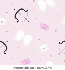 Vector seamless pattern with cupid's bow, wings, presents etc on pink background. For wallpaper, gift and wrapping paper, greeting card and wedding invitations, textile, fabric and linen, pajamas.