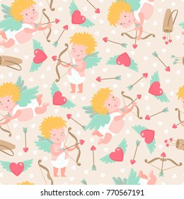 Vector seamless pattern with cupids and hearts. All objects are conveniently grouped and easily editable