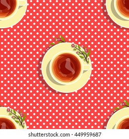 Vector seamless pattern. Cups of black or red tea with branch on plate, red background with white polka dots. Perfect for food or tea, kitchen web blog, tablecloth, menu for cafe or tea house