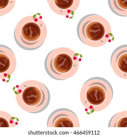 Vector seamless pattern. Cups of black tea with cherry on plate, lay flat object isolated on white background