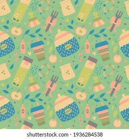Vector seamless pattern with cups and bottles. Zero-waste style