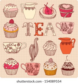 Vector seamless pattern with cups and cakes.