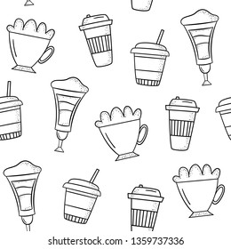 Vector seamless pattern with cups of coffee, latte, Americano, cappuccino. Hand-drawn style