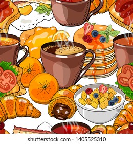 Vector seamless pattern with cups of coffee, tea, fried eggs and different food. Abstract Breakfast background. Endmless vector hand drawn texture for menu design, wallpaper, textile.
