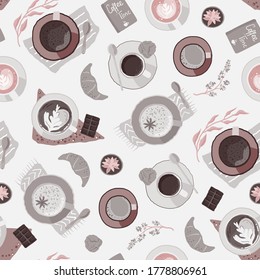 Vector seamless pattern with cups of coffee.