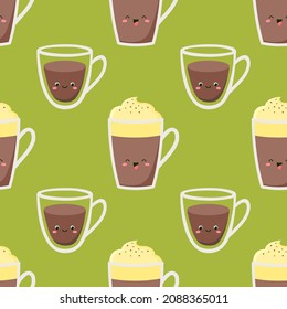 Vector seamless pattern with cups of coffee on a green background