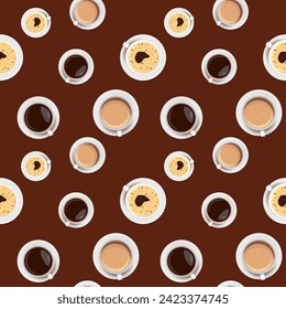 Vector seamless pattern with cups of coffee on a brown background. Ideal for kitchen styling, textiles, wrapping paper, scrapbooking.