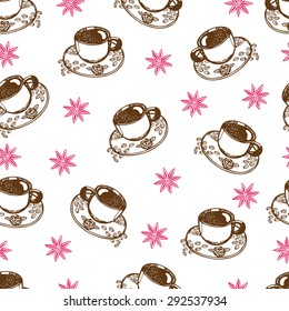 Vector seamless pattern with cups of coffee