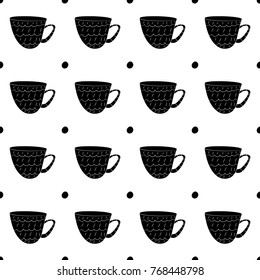 Vector seamless pattern of cups of coffee, tea, milk in Scandinavian style. Used for wallpapers, backgrounds, wrapping paper.