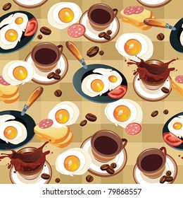 Vector seamless pattern with cups of coffee and fried eggs. Abstract Food background.