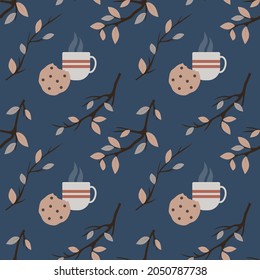 Vector seamless pattern with cups and cookies with chocolate on a blue background with twigs. Perfect backdrop for kitchen fabric, packaging, textile, wallpaper