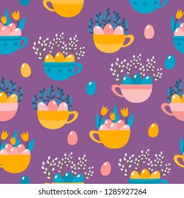 Vector seamless pattern with cups of flowers and eggs in gray, blue and yellow colors on background used for kids magazine, textile, paper, greeting cards.