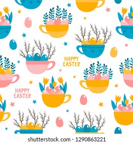 Vector seamless pattern with cups of flowers and eggs in gray, blue and yellow colors on white background used for kids magazine, textile, paper, greeting cards.