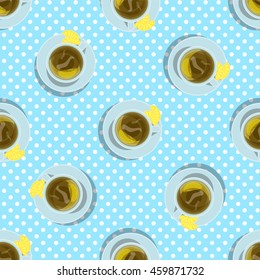 Vector seamless pattern. Cups of green tea with slice lemon on plate, tender blue background with white polka dots. Perfect for food, kitchen or tea web blog, tablecloth, menu for cafe or tea house