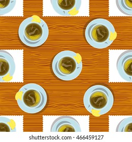 Vector seamless pattern. Cups of green tea with slice lemon on plate, lay flat object on kitchen table with white tablecloth,   wooden, timber background