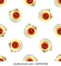 Vector seamless pattern. Cups of herbal tea with flowers on plate, lay flat object isolated on white background