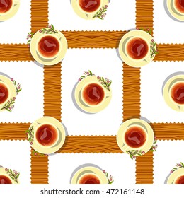 Vector seamless pattern. Cups of herbal tea with flowers on plate, lay flat object on kitchen table with white tablecloth, wooden, timber background