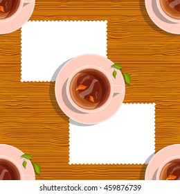 Vector seamless pattern. Cups of indian black tea with tea leaves on plate, lay flat object on kitchen table with white tablecloth, wooden, timber background
