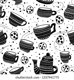 Vector seamless pattern with cups, kettle and cookies. Tea party design for kitchen textile, home decor. Hygge lagom concept