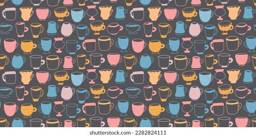 Vector seamless pattern of cups, mugs, glasses, wine glasses, glassware on a gray background. Print for packaging of tea, coffee houses, restaurants, houseware shops and so on. Colored cups.