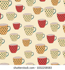 
Vector seamless pattern with cups of polka dots, hand drawn illustration, doodle style