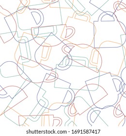 Vector seamless pattern of cups silhouettes in green, blue, yellow and red colors. Line graphics.