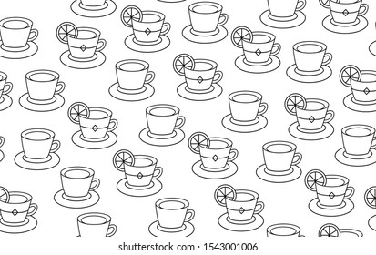 vector seamless pattern of cups with tea, lemon drink