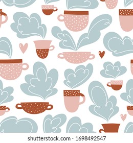 Vector seamless pattern with cups of tea or coffee. Abstract tea time print design.