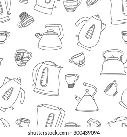 Vector seamless pattern with cups of tea and teapots. Perfect for wallpapers, pattern fills, web page backgrounds, surface textures, textile, wrapping papers. 