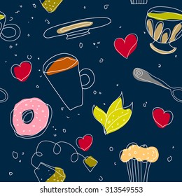 Vector seamless pattern with cups with tea, cupcake, donut and hearts