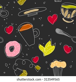Vector seamless pattern with cups with tea, cupcake, donut and hearts