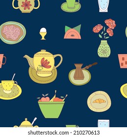 Vector seamless pattern with cups and teapot