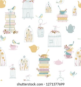 Vector seamless pattern with cups, teapots, books, bird cages and flowers. Vintage hand-drawn style. Suitable for textiles, wrapping paper, scrubbing, wallpaper and other.