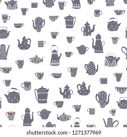 Vector seamless pattern with cups and teapots. Hand-drawn style. Suitable for textiles, wrapping paper, scrubbing, wallpaper and other.